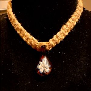 Blown glass pendant beaded hemp woven necklace